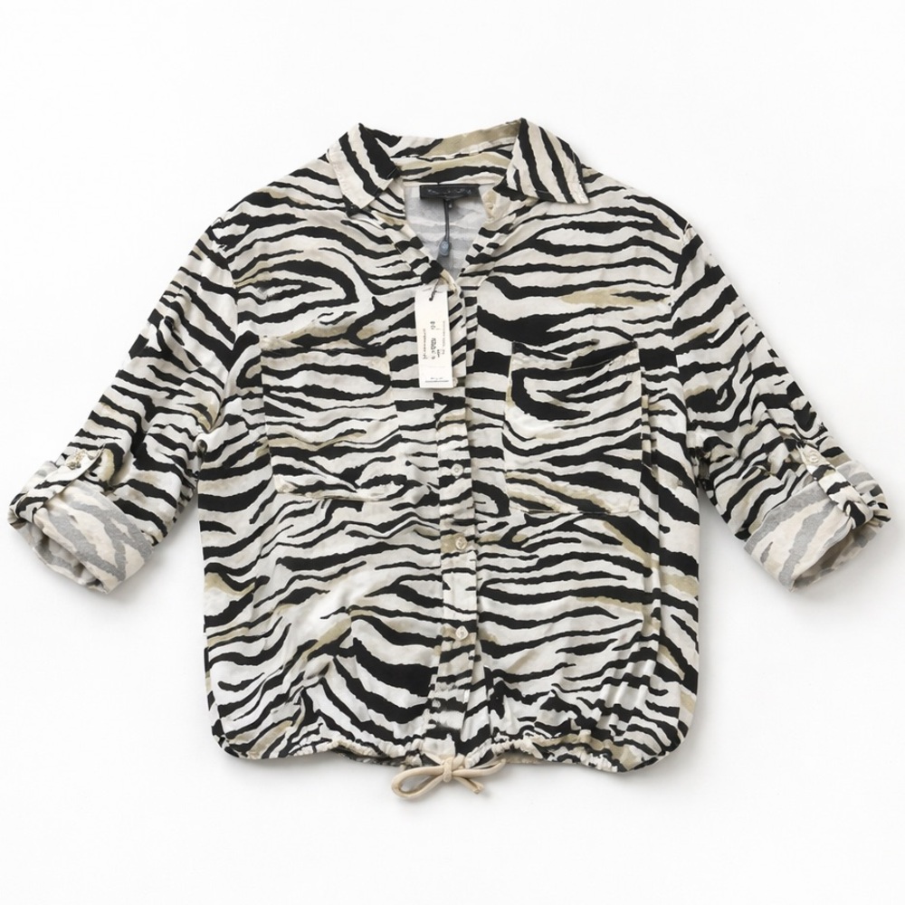 NWT Flora Ashley Animal Zebra Print Button Down Shirt Womens Small Black & Cream